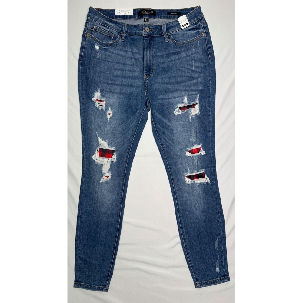 NWT Judy‎ Blue Mid Rise Buffalo Plaid Patch Skinny Jeans 15/32 Distressed